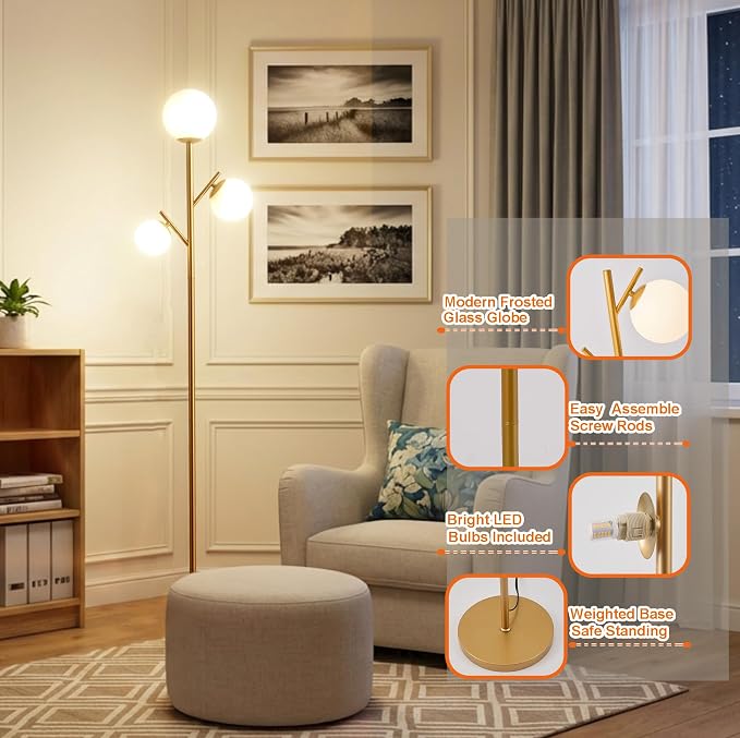 Fiqevs 3 Globe Mid Century Floor Lamp, Vintage Standing Lamp with 3 LED Bulbs & Sphere Frosted Glass Shades, Modern Gold Tree Floor Lamp for Living Room, Bedroom, Office