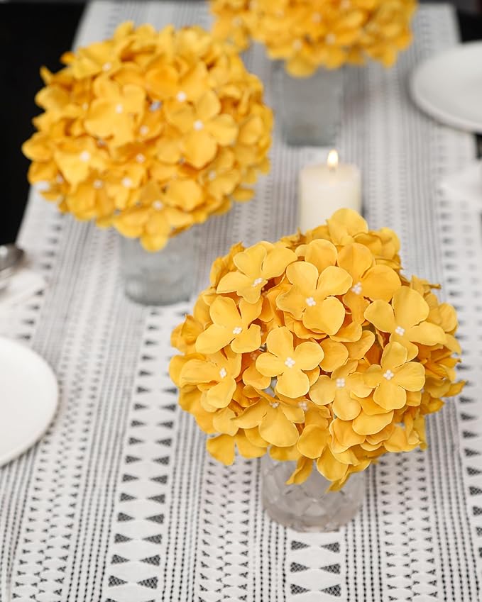 DuHouse 8.7" Silk Hydrangea Flower Heads with Stems Fake Hydrangeas Flowers for DIY Wedding Centerpiece Home Decor,Pack of 6(Mustard Yellow)