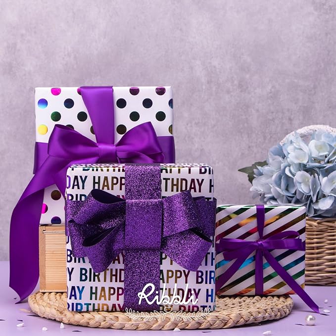 Ribbli Birthday Wrapping Paper Iridescent Gift Wrapping Paper Mini Roll, 3 Rolls Happy Birthday Polka Dots Stripes Printed Assortment - 17 inch x 120 inch(10feet) Per Roll