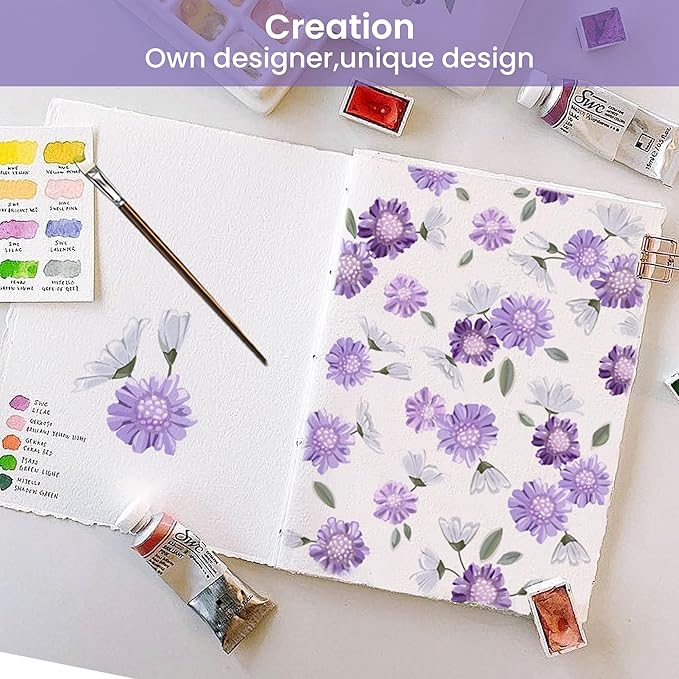 Softan Puple Floral Full Sheet Set, 4-Piece Microfiber Printed Fitted Sheet with 15" Deep Pockets & Non-Slip Straps, White Flower Patterned Double Bedding Sheets & Pillowcase Set