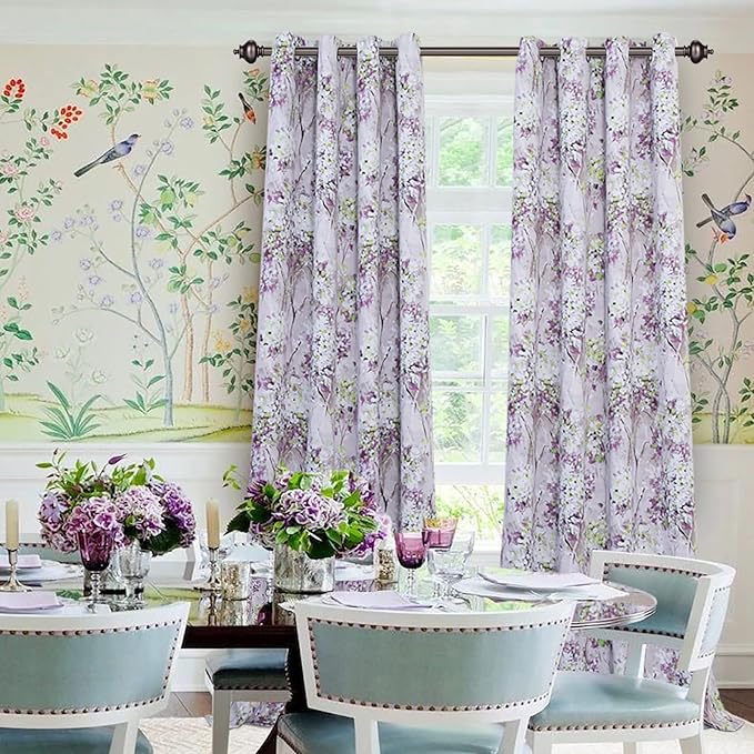 MYSKY HOME Purple Curtains 84 Inch Long 2 Panel Thermal Insulated Half-Blackout Flowers and Leaves Printed Curtains with Grommet