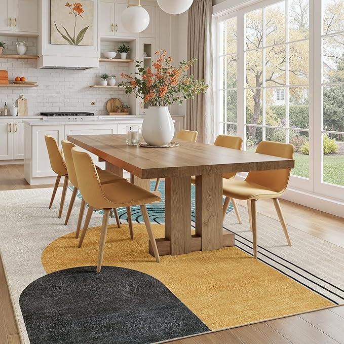 DCX Machine Washable 6x9 Area Rug, Midcentury Modern Non Slip Stain Resistant Rug 6x9 for Living Room, Playroom, Dining Room, Soft 0.25" Low Pile Large Carpet, Blue & Yellow