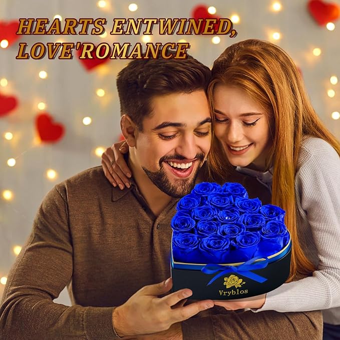 Forever Blue Roses in a Box Heart Shaped 16 Preserved Flowers for Delivery Grade A Quality 100% Real Immortal Flower Eternal Birthday for Her Mom Women Wife Girlfriends (Heart-Blue)