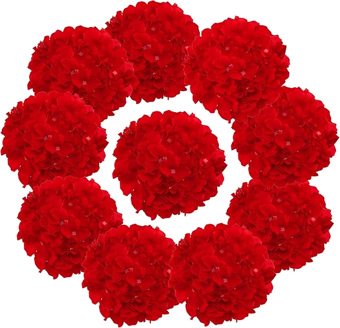 Fake Red Hydrangea Artificial Flowers - Faux Silk Hydrangeas Flowers Heads with Stems Real Touch for Home Wedding Party Table Decor(Red,Pack of 10)