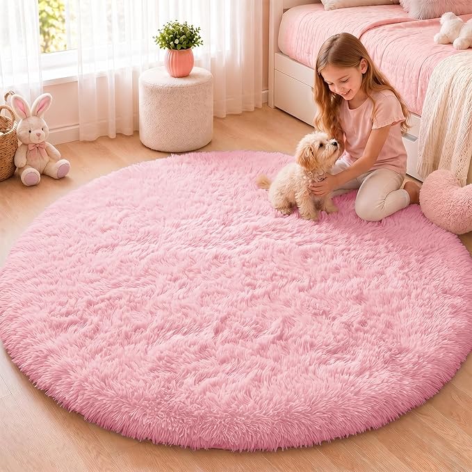 OLANLY Pink Round Rugs for Bedroom - Machine Washable, 5 ft Circle Area Rugs for Living Room, Soft and Fluffy Shaggy Carpet for Teen Girls and Boys, Nursery Rooms, Dorms, Home Decor Aesthetic