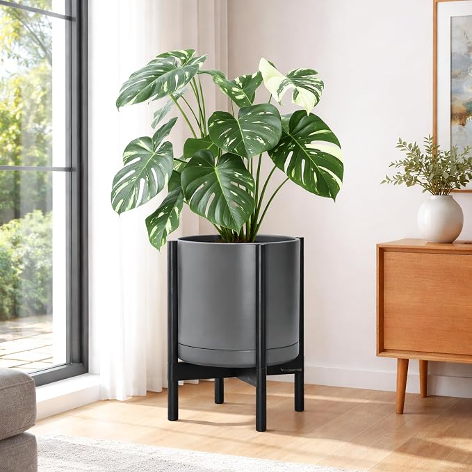 D'vine Dev Ceramic Planter with Ebony Stand - 14 Inch Modern Round Flower Pot with Wood Planter Holder, Grey, 55-B-S-3