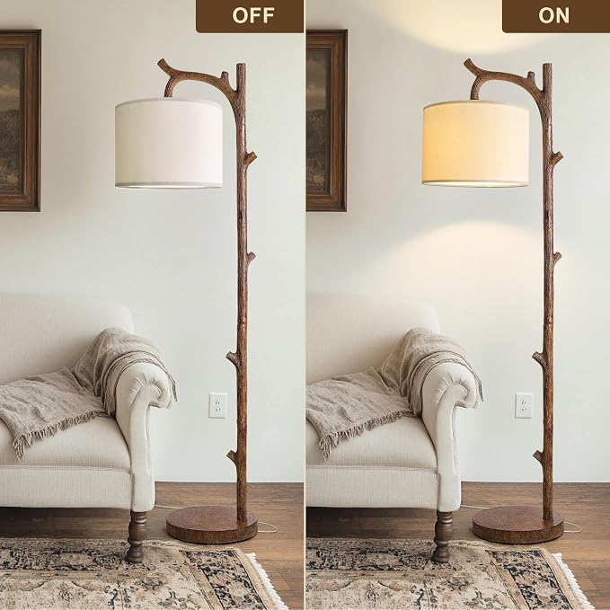 OYEARS Retro Farmhouse Floor Lamp for Living Room with Remote Rustic Standing Lamps Tree Trunk Deco Modern Country Vintage Wood Floor Lamp（Brown,Bulb Included）