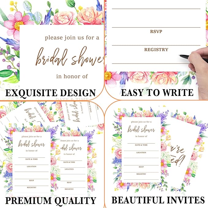 Boho Bridal Shower Invitations, Wildflowers Invites with Envelopes, 4x6 Set of 25 Invite Card for Wedding Shower, Newlyweds, Party Favor & Decorations-A05