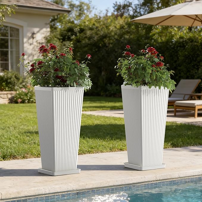 Square Tall Planters for Outdoor Plants Set of 2-23.6" Modern Tapered Indoor Flower Pots with Drainage Holes/Partition/Tray, Large Outdoor Planters for Porch Patio Garden Front Porch, White
