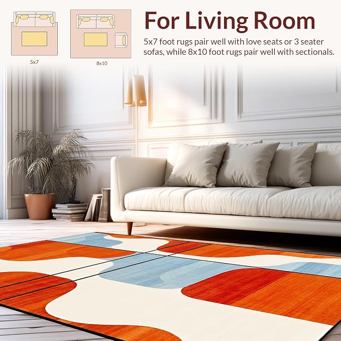 Flatwoven High Traffic Area Rug 4x6, Modern Art Deco with Geometric Flair and Colorful Accents, Non Slip, Stain Resistant, Washable Area Rugs for Living Room, Bedroom (Orange, 4x6)