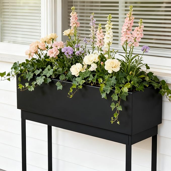 WORTH Raised Metal Planter Box with Legs, 28" Elevated Garden Bed for Indoor & Outdoor Use – Matte Black Galvanized Steel Planter with Inner Shelf, Drainage Hole & Plug for Vegetables, Flowers & Herbs