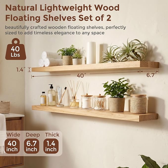fuqing 40 Inch Floating Shelves | 6.7 Inch Deep Natural Wood Shelves Set of 2 | 40''W x 6.7''D x 1.4''H Natural Wood Floating Shelves for Living Room Bathroom Bedroom Kitchen Home Office