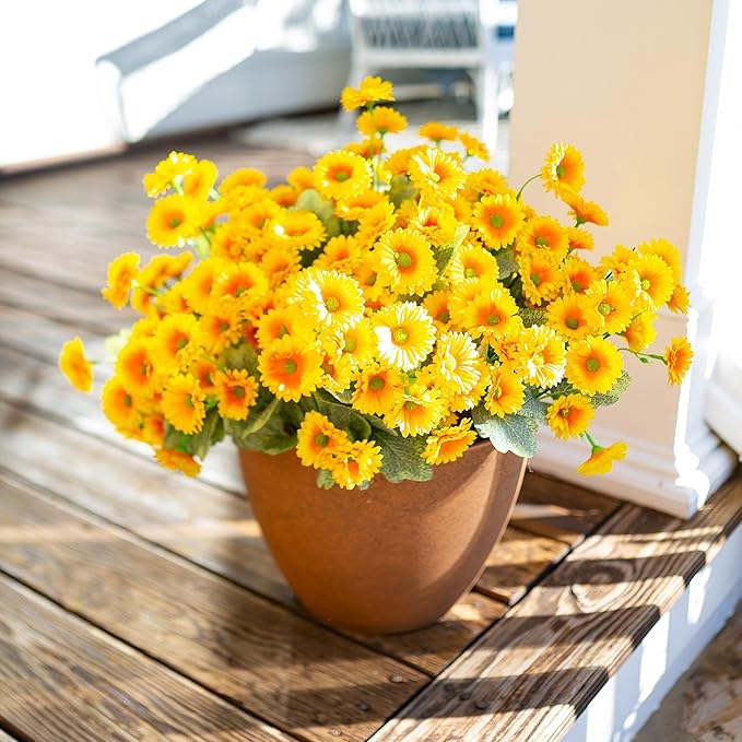 HyeFlora Dahlia Artificial Winter Flowers for Outdoors Decoration, 6 Bundles Fake Daisy Yellow Outdoor Faux Flower Plants Realistic UV Resistant Silk Flowers for Outside Planter Front Door Yard Garden