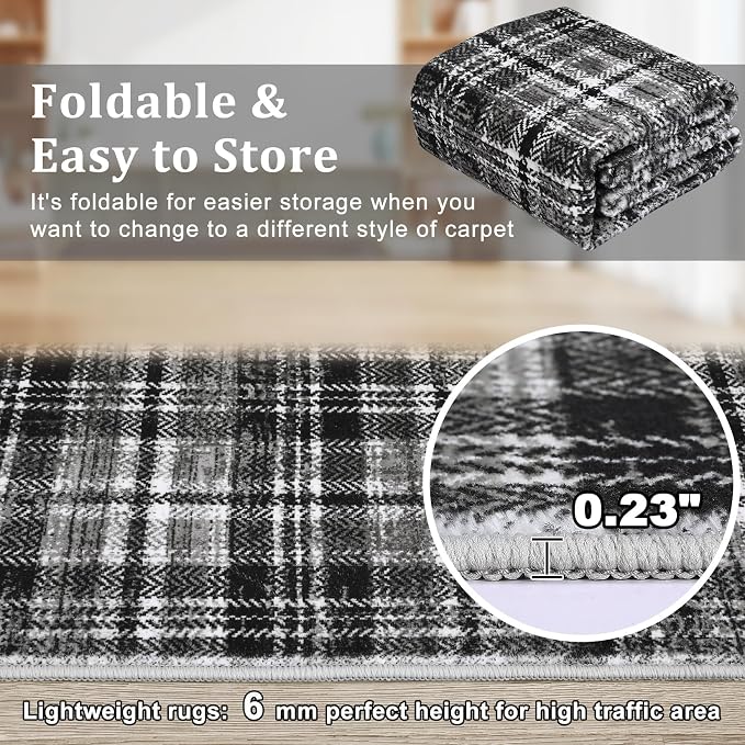 Tartan Plaid Washable Runner Rug 2.5x12 Non Slip Kitchen Rugs Modern Indoor Entryway Rug Soft Bath Mat Stain Resistant Carpet for Bedroom Hallway Laundry Black