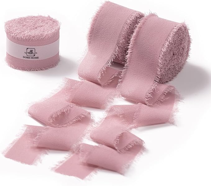 DORIS HOME Mauve Chiffon Ribbon for Flower Bouquet, 1" x21Yd Fabric Ribbon for Gift Wrapping, Handmade Frayed Ribbon for Wedding Invitations/Christmas Decorations
