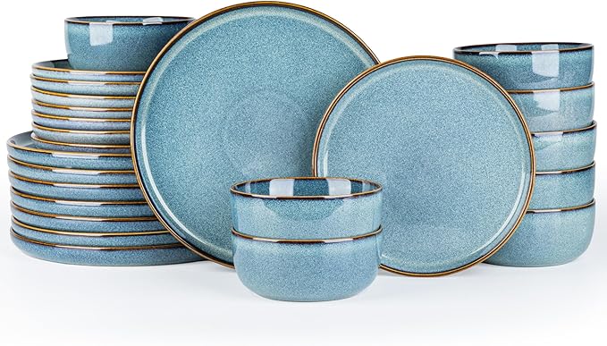 GBHOME Ceramic Dinnerware Sets for 8, 24 Pieces Stoneware Plates and Bowls Sets, Scratch Resistant Dishes, Dishwasher & Microwave Safe, Reactive Glaze-Space Blue