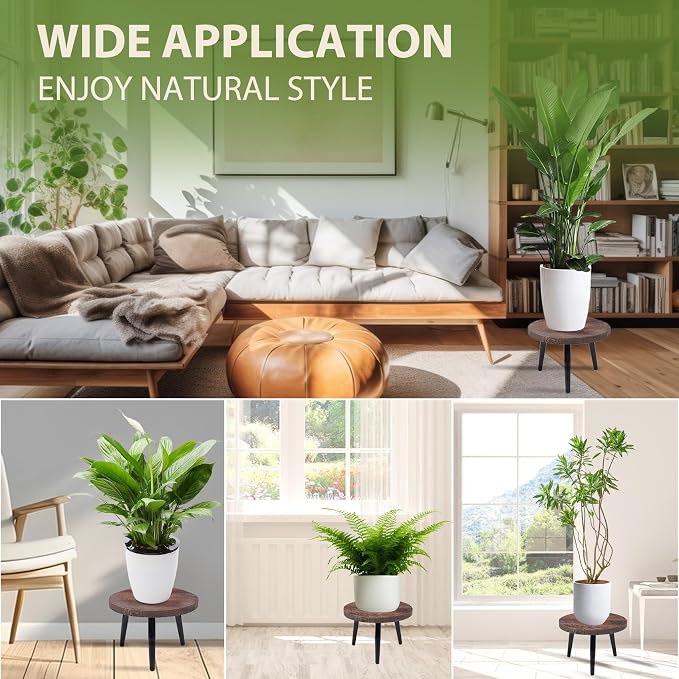 8 Inch Plant Stand, Small Floor Indoor Plant Stand, Mid Century Wood Planter Stand with Metal Legs, Round Modern Plant Stool for Indoor Outdoor Flower Pots, Brown