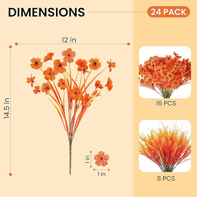 Der Rose 24 Bundles Fall Mums Artificial Flowers for Outdoor Fake Flowers Plants UV Resistant for Home Garden Porch Window Wedding Decor（Orange）