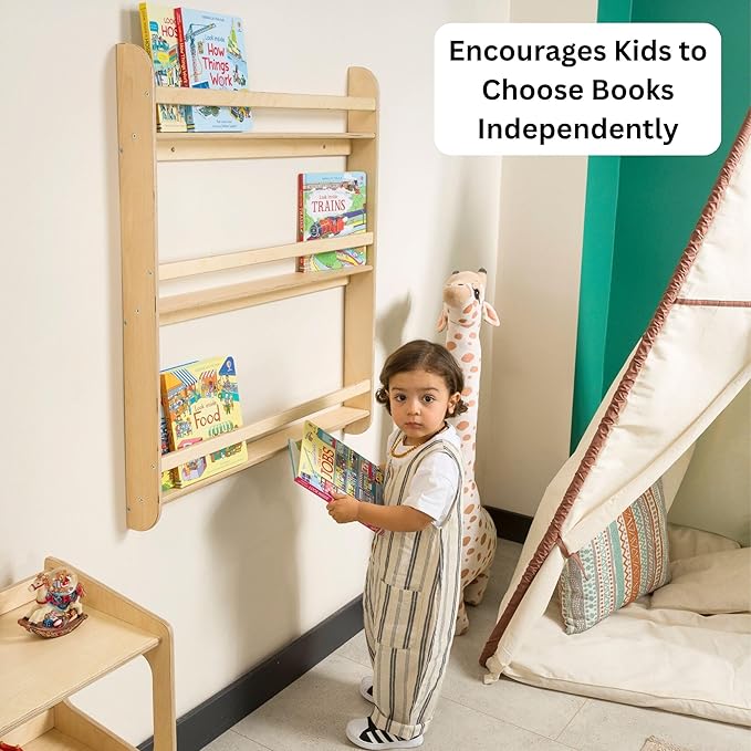 Montessori Wall-Mounted Bookshelf for Toddlers Toy Storage Shelf Organizer for Playroom and Classroom Floor Bookshelves for Kids Room (Natural, XL, 3)