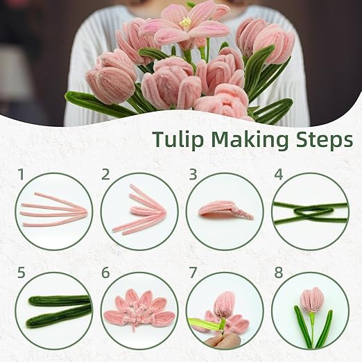 400 Pcs Pipe Cleaners Craft Kit, Pipe Cleaners Bulk Multicolors, Chenille Stems for DIY Flower Bouquet Making Kit with Tape, Floral Wires,Stamen & Ribbon, Pearls, Wrapping Paper(Pink)