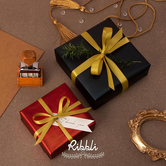Ribbli Double Faced Gold Satin Ribbon,3/8” x Continuous 25 Yards,Use for Bows Bouquet,Gift Wrapping,Floral Arrangement