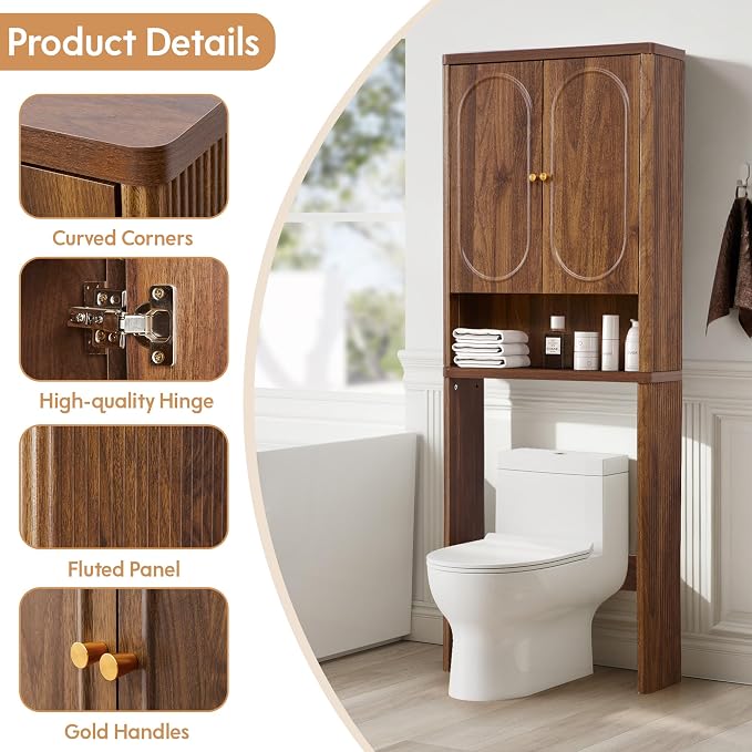 ORRD Fluted Over The Toilet Storage Cabinet, Bathroom Toilet Storage Cabinet with Door, Wood Curved Over The Toilet Space Saver Cabinets for Restroom Bathroom, Walnut
