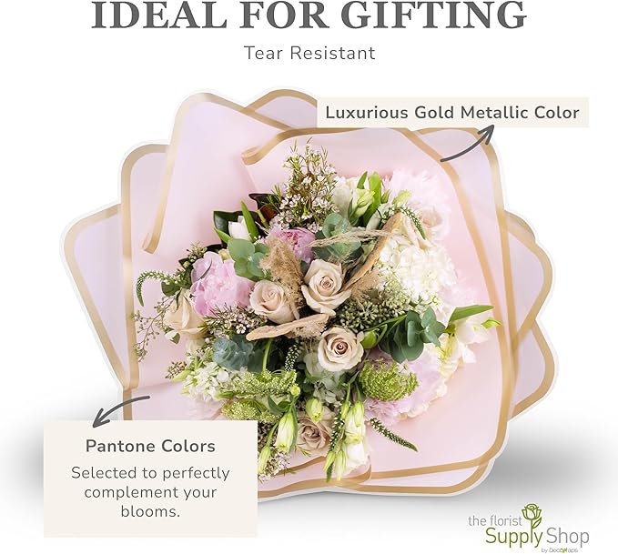the florist Supply 20 Sheets Premium Flower Wrapping Paper | Waterproof Flower Wrapping Paper for Bouquets | Double Sided Floral Bouquet Sheets | DIY Gifts Rocio Pink/Gold