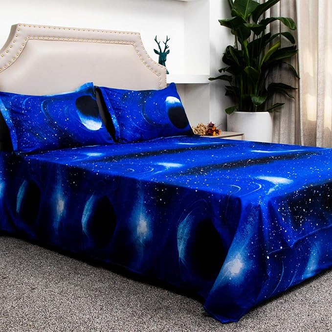 Bedlifes Galaxy Outer Space Sheet Set, Galaxy Themed, 3 pcs Including Flat Sheet, Fitted Sheet, and 1 Pillowcase (Light Blue Queen)