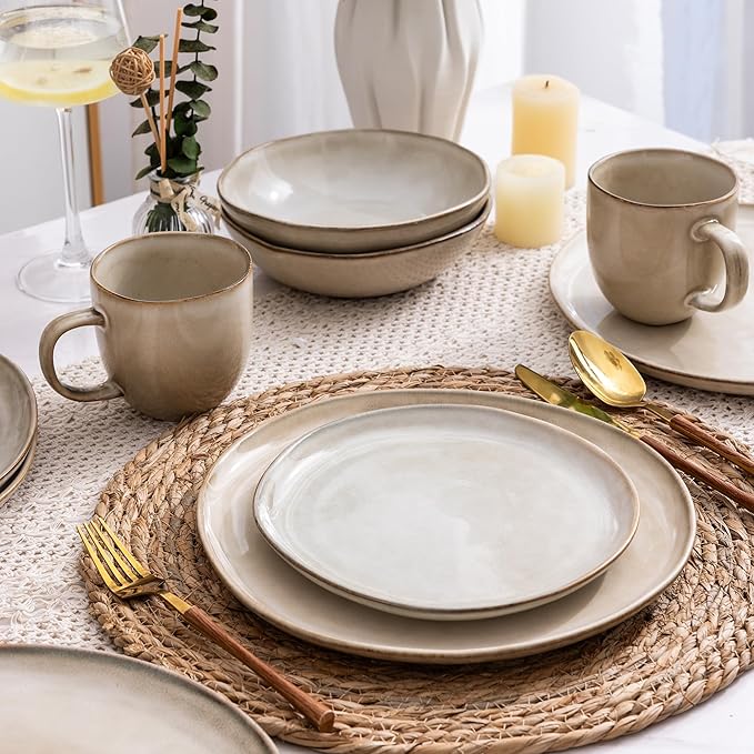 AmorArc Ceramic Dinnerware Sets,Handmade Reactive Glaze Stoneware Plates and Bowls Sets,Highly Scratch Resistant | Dishwasher & Microwave Safe Dishes Set,Service for 4 (12pc)