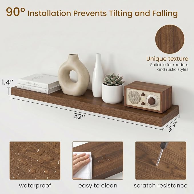Dreamland 32inch Floating Shelves for Wall, Rustic Walnut Floating Shelves for Bathroom|Bedroom|Kitchen, Deep Wall Mounted Book Shelf, Wood Storage Display Shelf for Home Decor, Set of 2