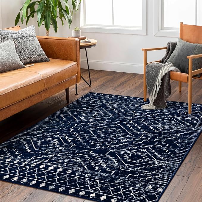 Wonnitar Moroccan Washable Area Rug 4x6, Blue Rugs for Living Room, Non-Slip Boho Bedroom Throw Mat, Non-Shedding Large Geometric Low Pile Floor Carpet for Home Office Mudroom Kitchen (Blue,4'x6')