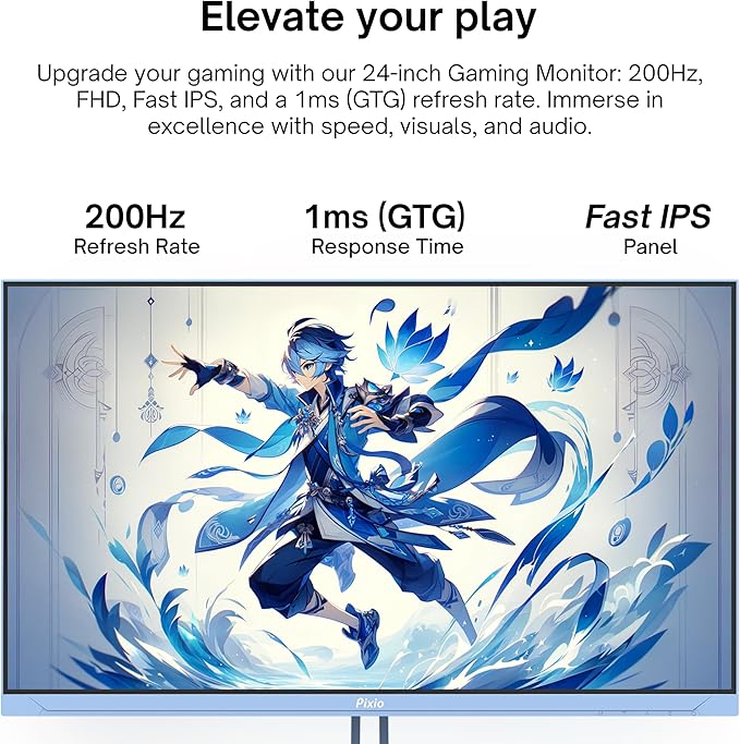 Pixio PX248 Wave Blue 24 inch 200Hz Refresh Rate FHD 1080p Resolution Fast IPS Panel 1ms GTG Response Time Built-in Speakers Gaming Monitor with Adaptive Sync