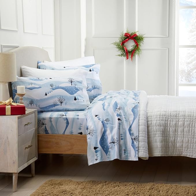 Market & Place 100% Cotton Queen Flannel Sheet Set | 4 Piece Deep Pocket Novelty Cozy Winter Bed Sheets | Double Brushed for Extra Softness & Comfort | Alpine Collection (Queen, Winter Landscape)