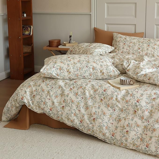 Vintage Style Botanical Floral Duvet Cover Full 3 Pieces Chic Floral Tree Branches Bedding Set Cotton Botanical Flower Duvet Cover with 2 Pillowcases Boho Floral Cottagecore Duvet Covet Full Size