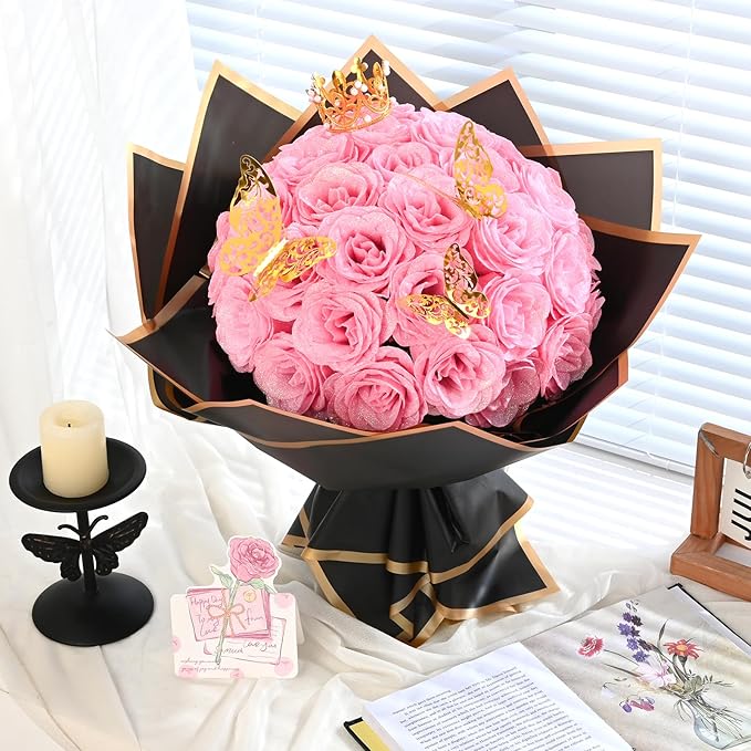 Waipfaru Pink Glitter Roses Bouquet, DIY Fake Flowers Bouquet, Everlasting Shiny Artificial Rose Bouquet for Valentine's Day, Anniversary, Engagement, Wedding, 24 Roses