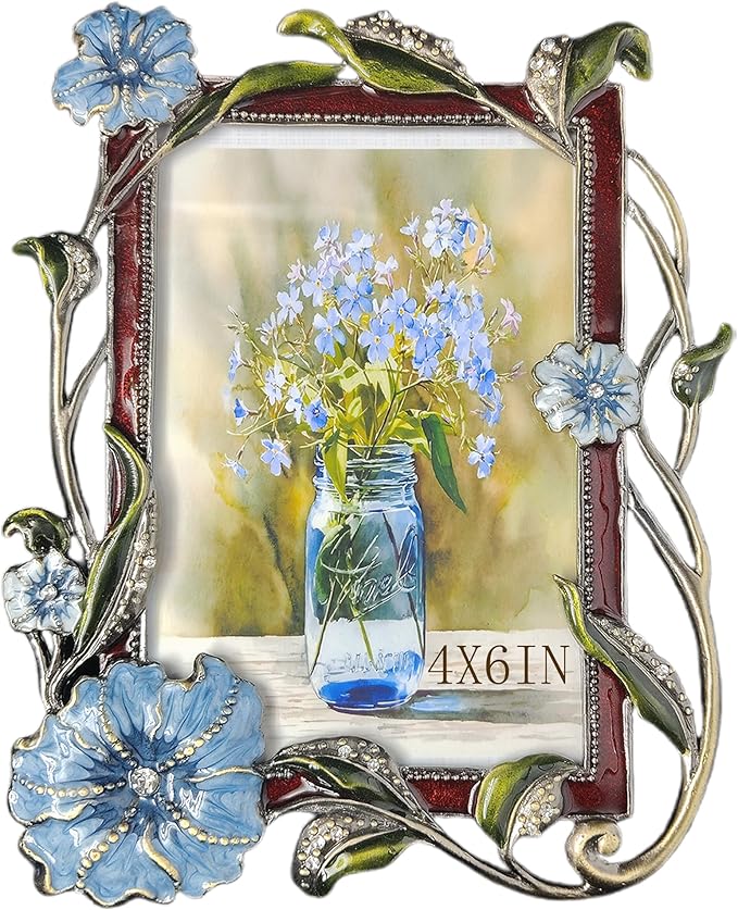 Vintage Floral Picture Frames Luxury Unique Ornate Antique Metal Photo Frame of HD Glass for Tabletop/Wall Display Gifts for Women (Blue Flowers, 4X6)