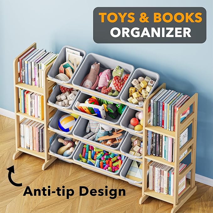 SpaceAid Toy Storage Organizer with 6 Shelves and 12 Bins, Toy Organizers Storage Bookshelf, Kids Bin Shelf Toys Box Bookcase for Bedroom Playroom Organization Room Decor, Neutral Gray