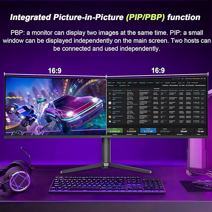 Amzfast 49 Inch Curved Monitor 120Hz DQHD 5120x1440p Ultrawide Gaming Monitor, 120% sRGB, 1500R, 1ms MPRT, HDR, Adaptive Sync, PIP/PBP, Height Adjustable, HDMI 2.0/DP 1.4, VESA 75x75, AMZG49C7U