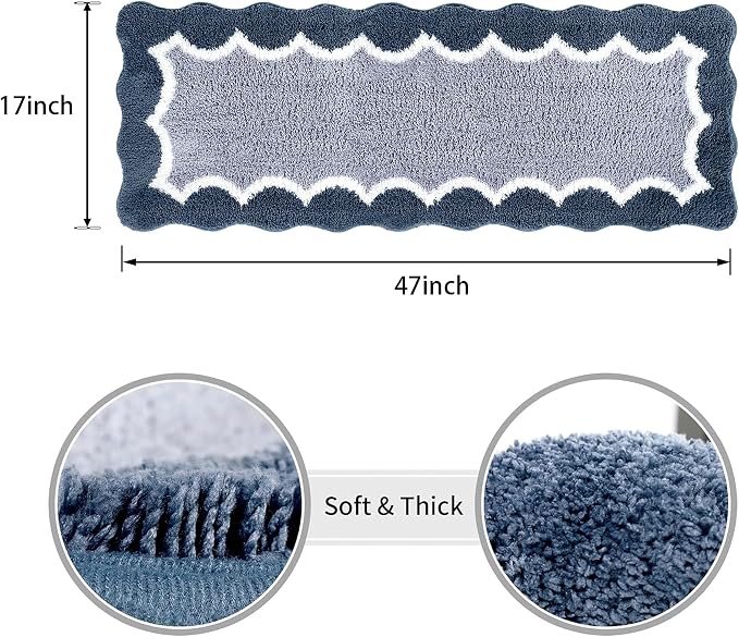 Scalloped Blue Bathroom Rugs Mat,Non Slip Absorbent Quick Dry Bath Mats for Shower Room,Plush Microfiber Bath Rug for Bathroom Floor Washable Carpet for Shower Tub Sink Bedroom,17"x47"