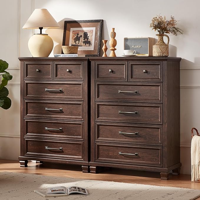 Farmhouse 6 Drawer Dresser for Bedroom, 45 Inch Tall Vintage Wood Chest of Drawers, Mid-Century Dressers w/Square Wooden Legs, Rustic Storage Organizer for Living Room, Hallway, Walnut