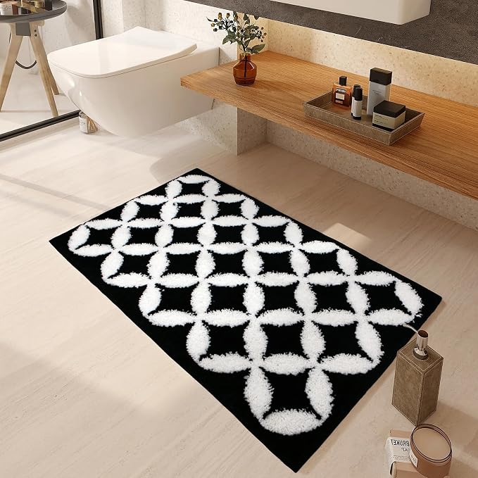 Civkor Black and White Bathroom Rug Non Slip Washable, Tufted Bath Mat for Bathroom with TPR Backing, Quick Dry Fluffy Microfiber Piles, Super Water Absorbent Thin Bath Rug Fit Under Door, 31x20Inch