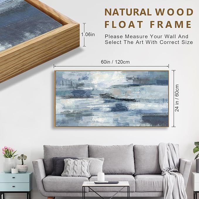Abstract Framed Canvas Wall Art Vintage Blue White Grey Pictures Ocean Wall Decor Modern Artwork Painting Prints for Living Room Bedroom Bathroom Office Home Decoration Ready to Hang 24" X 48"