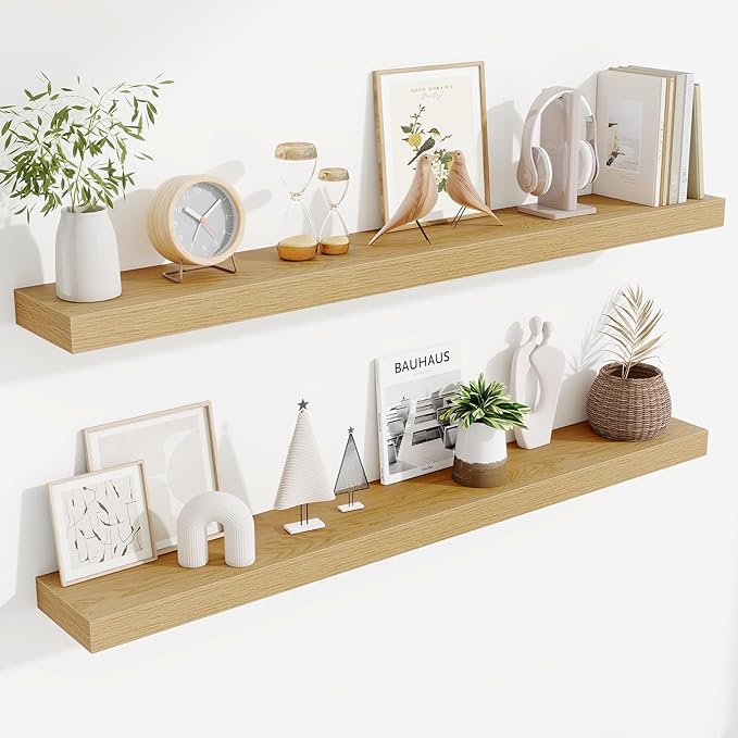 Fun Memories Floating Shelves 48 Inch, Extra Large Wood Shelf Set of 2, Hanging Wall Shelves for Bathroom, Living Room, Kitchen, Bedroom, Oak