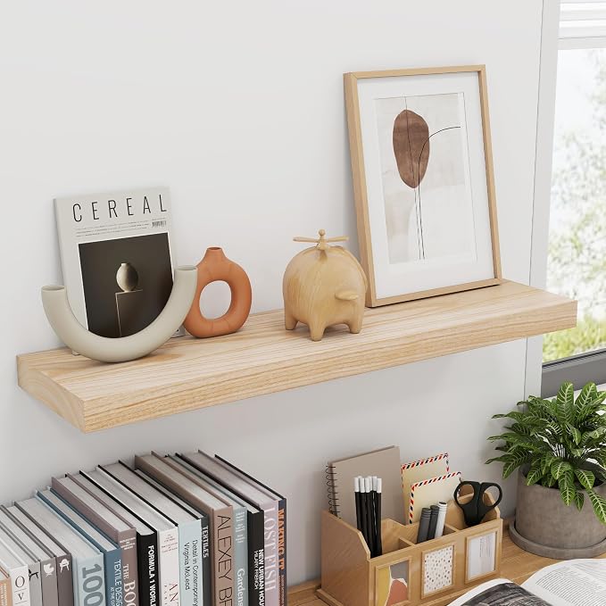 fuqing 30 Inch Floating Shelves | Natural Wood Wall Shelves Set of 2 | 30" W x 6.7" D Natural Wooden Floating Shelves for Living Room Bedroom Home Office