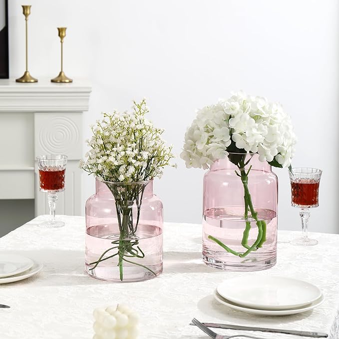 Large Glass Vase, Pink Glass Vase Set of 2, Large Flower Vases for Bouquet, Tall Wide Mouth Vases for Flowers, Home, Wedding, Living Room, Office Decor, 7"+9"