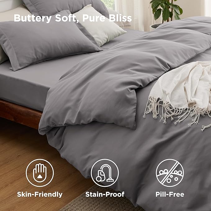 Bedsure Duvet Cover with Fitted Sheet Queen - Warm Deep Pocket, Hotel Luxury Soft Double Brushed Bedding Set with Zipper Closure, 1 Duvet Cover, 1 Fitted Sheet, 2 Pillow Shams, NO Comforter, Grey