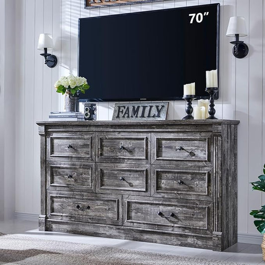 Farmhouse 8 Drawers Dresser for Bedroom, 61" Wide Large Dressers & Chests of Drawers w/Roman Column, Storage Dressers Organizer for Bedroom, Hallway, Living Room, Light Grey