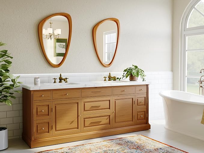 Asymmetrical Wall Mirror, 23x36 Inch Mid Century Modern Mirror, Irregular Wall Mirrors with Pine Wooden Frame for Living Room Bedroom Bathroom Entryway Hangs Horizontally or Vertically