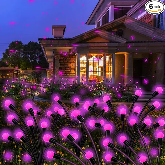 Kohlrabi Solar Garden Lights Outdoor, 6 Pack 60 LED Pink Firefly Lights Waterproof, Sway by Wind, Solar Swaying Light for Yard Patio Backyard Garden Planter Flower Bed Pathway Outdoor Decoration