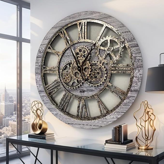 ImprovingLife The Gears Clock The Original Real Moving Gear Wall Clock Vintage Industrial Oversized Rustic Farmhouse (24 inch (60cm),Silver Grey)